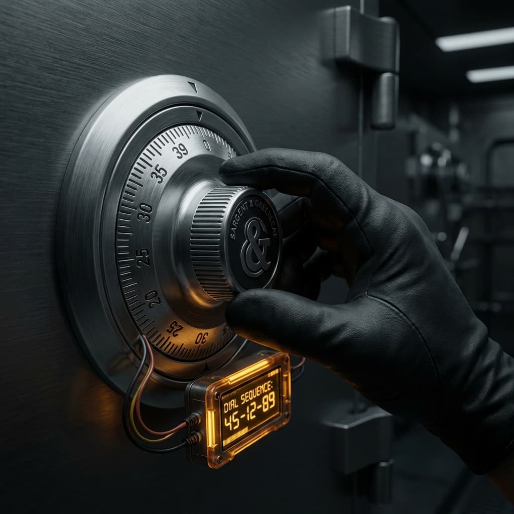 Técnico especialista manipulando dial de caja fuerte de alta seguridad