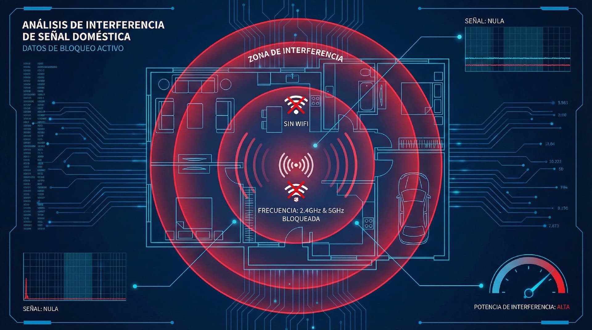 Infografía del radio de inhibición de frecuencia en una vivienda