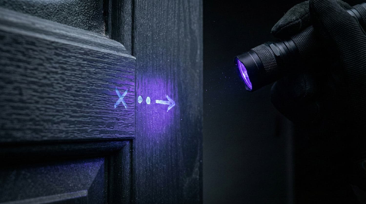 Marcas UV invisibles de ladrones en el marco de la puerta