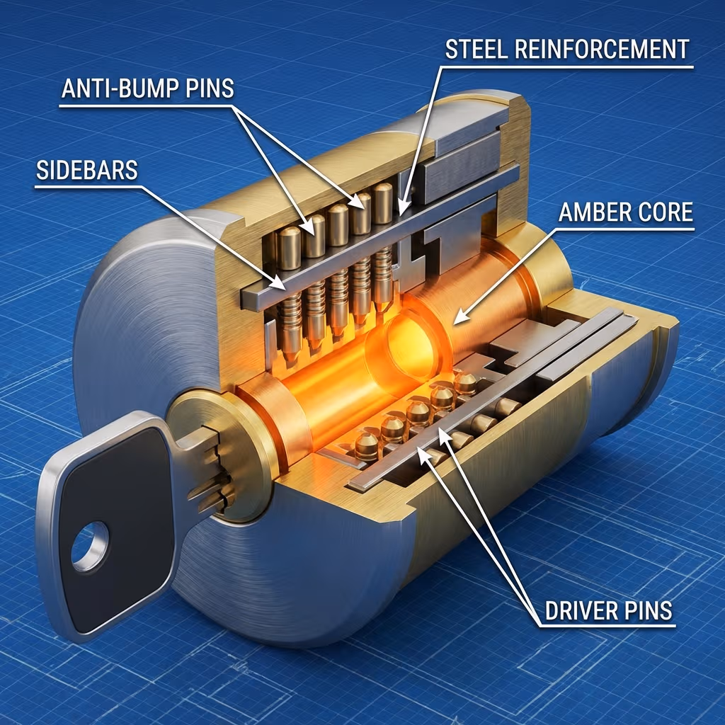 Diagrama técnico de cilindro con protección anti-taladro: pines de titanio, barra de refuerzo de acero y zona de peligro bloqueada