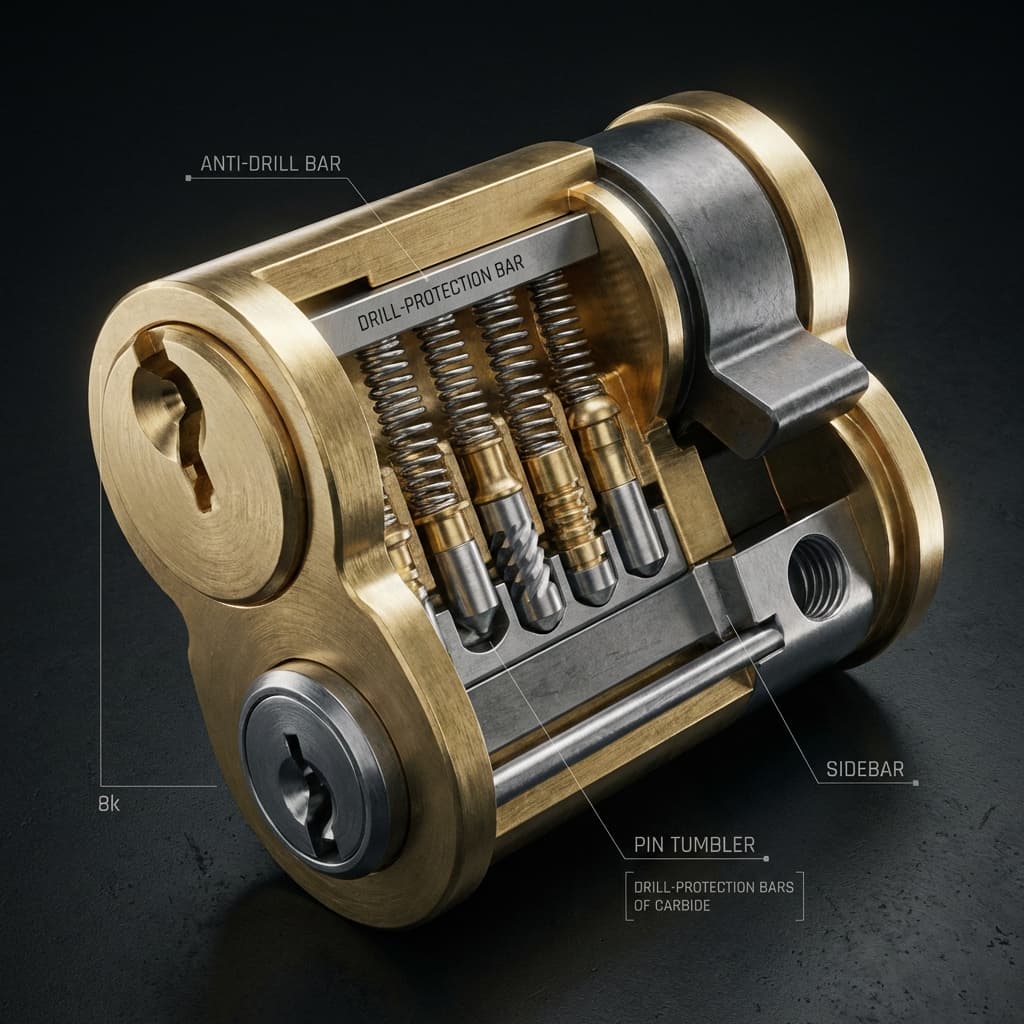 Vista de rayos-x de cilindro de alta seguridad con pines de acero
