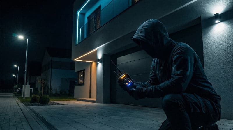 Ladrón usando inhibidor de frecuencia cerca de un vehículo de lujo